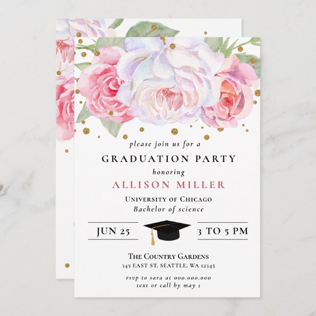 Rustic Blush Gold Floral Botanical Graduation  Invitation (Front/Back)
