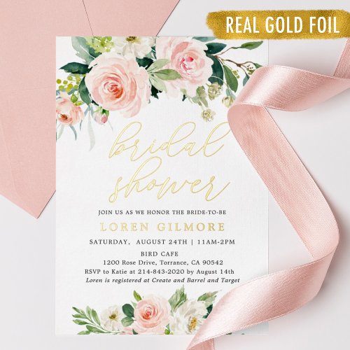 Rustic Blush Gold Floral Bridal Shower Foil Invitation