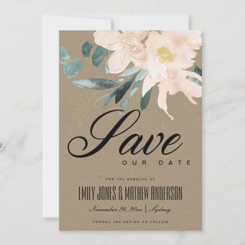 RUSTIC BLUSH GOLD FLORAL BUNCH KRAFT WATERCOLOR SAVE THE DATE