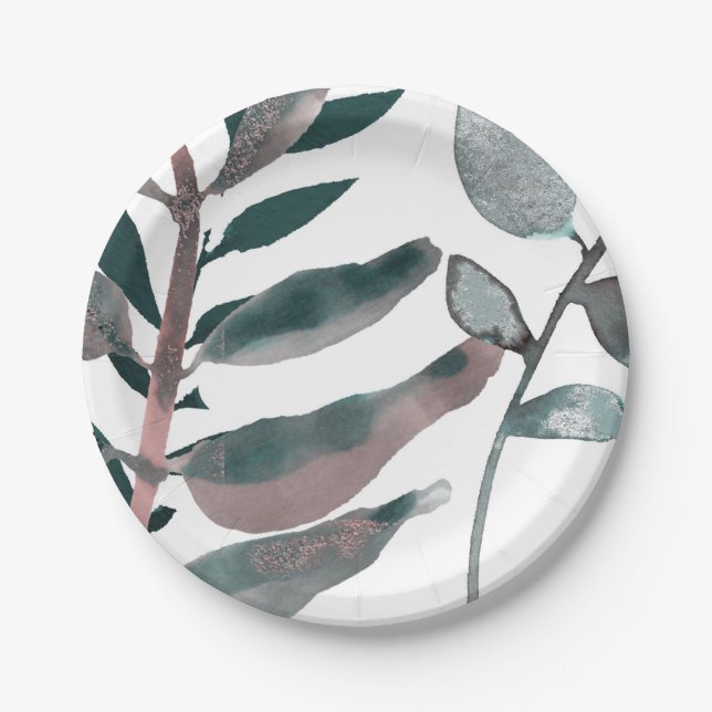Rustic Blush Greenery Botanical Leaves Watercolor Paper Plates (Front)