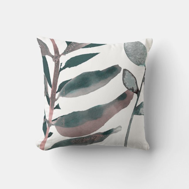 Rustic Blush Greenery Botanical Leaves Watercolor Throw Pillow (Front)
