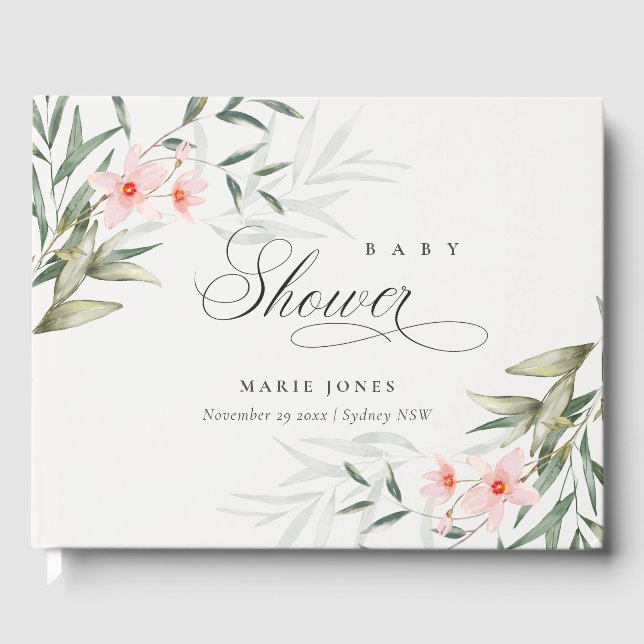 Rustic Blush Greenery Floral Bunch Baby Shower Guest Book (Front)