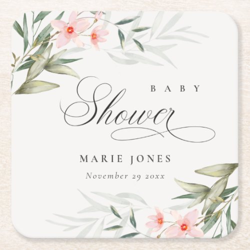 Rustic Blush Greenery Floral Bunch Baby Shower  Square Paper Coaster