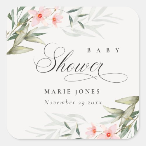 Rustic Blush Greenery Floral Bunch Baby Shower Square Sticker