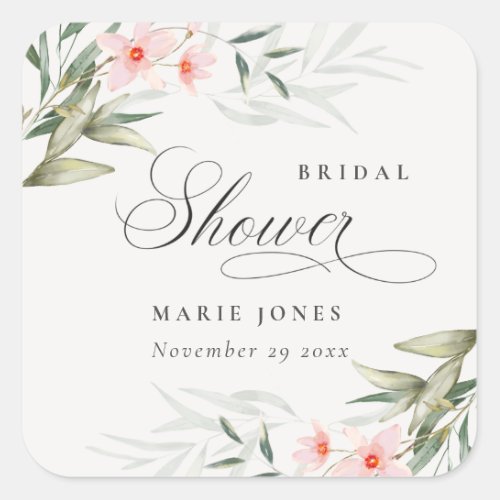 Rustic Blush Greenery Floral Bunch Bridal Shower Square Sticker
