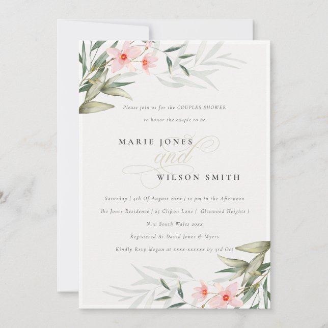 Rustic Blush Greenery Floral Couples Shower Invite (Front)