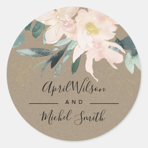 RUSTIC BLUSH KRAFT FLORAL BUNCH WATERCOLOR WEDDING CLASSIC ROUND STICKER