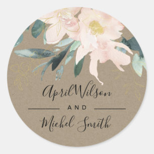 RUSTIC BLUSH KRAFT FLORAL BUNCH WATERCOLOR WEDDING CLASSIC ROUND STICKER