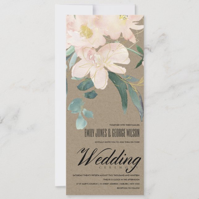 RUSTIC BLUSH KRAFT FLORAL BUNCH WATERCOLOR WEDDING INVITATION (Front)