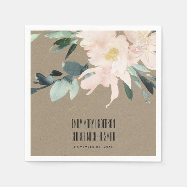RUSTIC BLUSH KRAFT FLORAL BUNCH WATERCOLOR WEDDING NAPKINS (Front)