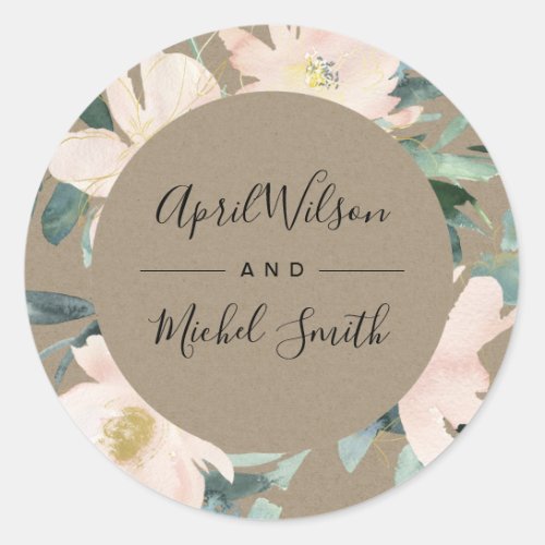 RUSTIC BLUSH KRAFT FLORAL FRAME WATERCOLOR WEDDING CLASSIC ROUND STICKER