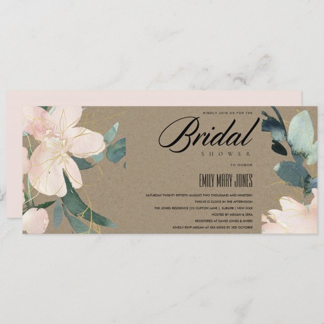 RUSTIC BLUSH KRAFT FLORAL WATERCOLOR BRIDAL SHOWER INVITATION (Front/Back)
