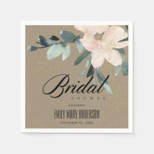 RUSTIC BLUSH KRAFT FLORAL WATERCOLOR BRIDAL SHOWER NAPKINS