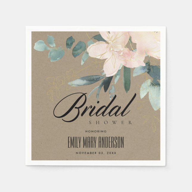 RUSTIC BLUSH KRAFT FLORAL WATERCOLOR BRIDAL SHOWER NAPKINS (Front)