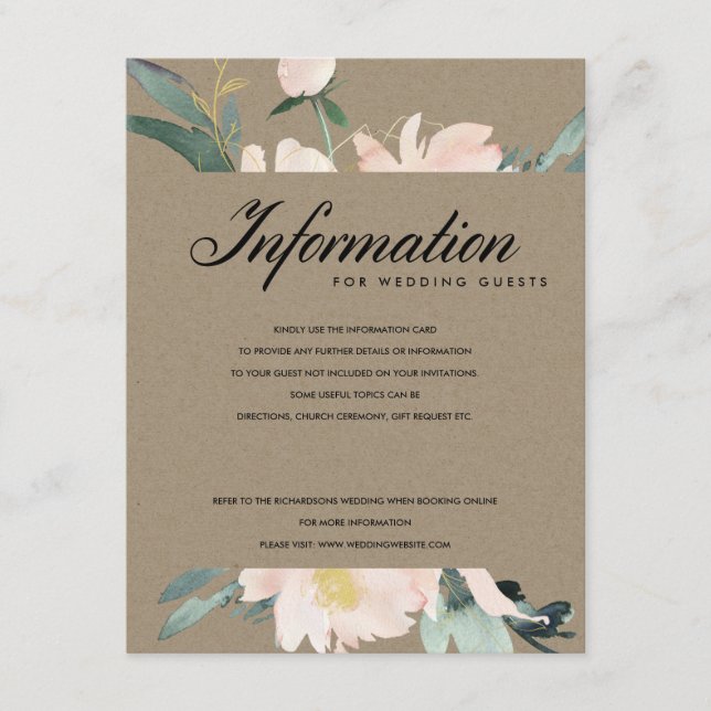 RUSTIC BLUSH KRAFT GOLD FLORAL WEDDING INFORMATION ENCLOSURE CARD (Front)
