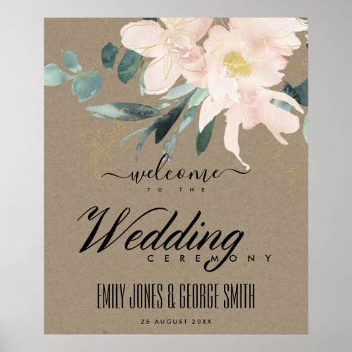 RUSTIC BLUSH KRAFT GOLD FLORAL WEDDING WELCOME POSTER