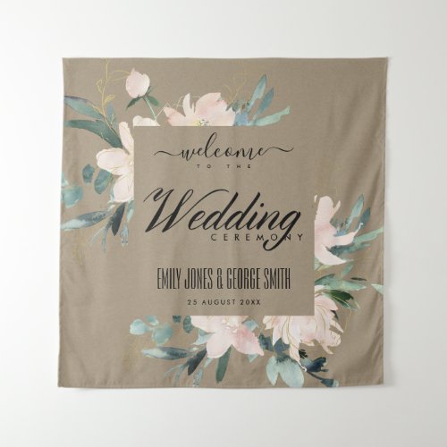 RUSTIC BLUSH KRAFT GOLD FLORAL WEDDING WELCOME TAPESTRY