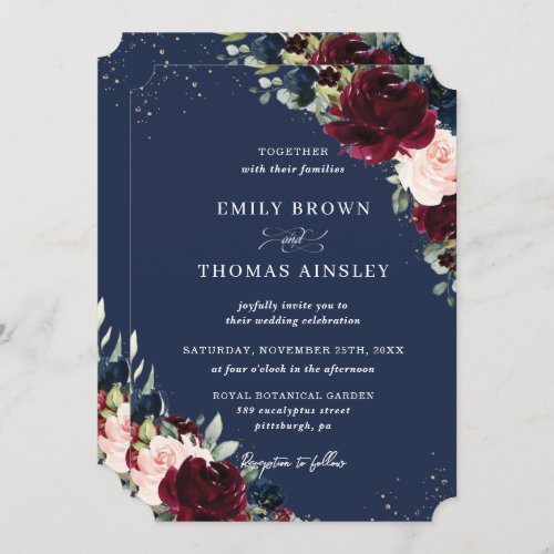 Rustic Blush Navy Blue Floral Greenery Wedding Inv Invitation