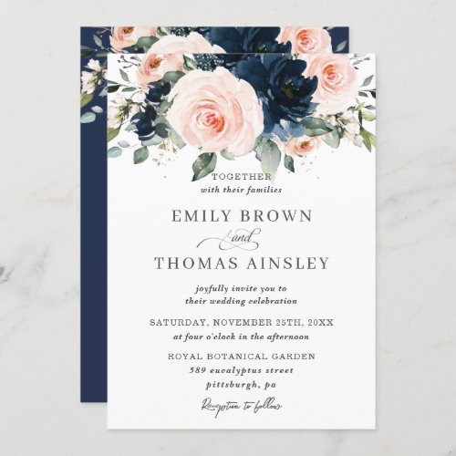 Rustic Blush Navy Blue Floral Greenery Wedding Invitation