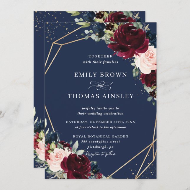Rustic Blush Navy Blue Floral Greenery Wedding Invitation (Front/Back)