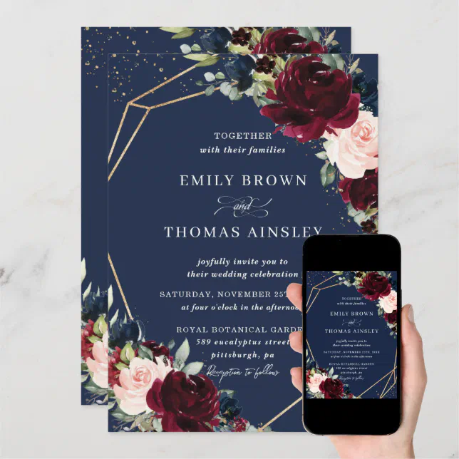Rustic Blush Navy Blue Floral Greenery Wedding Invitation Zazzle
