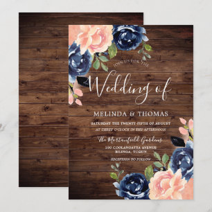 Rustic Blush & Navy Blue Flowers Wedding Invitation