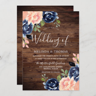 Rustic Blush & Navy Blue Flowers Wedding Invitation