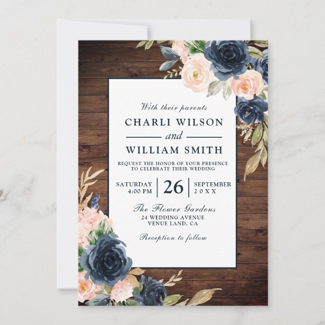 Rustic Blush & Navy Floral Frame Wedding Invitation (Front)