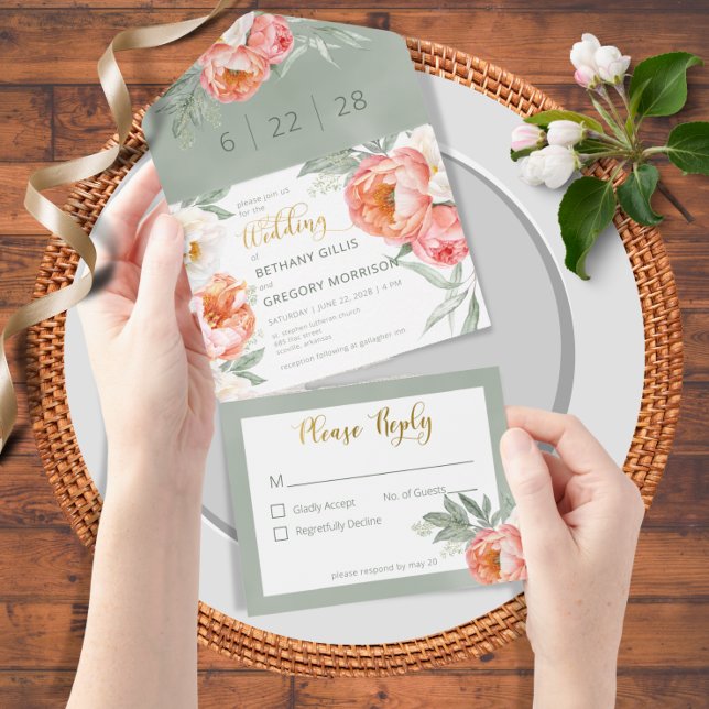 Rustic Blush Peach & White Peonies No Dinner All In One Invitation