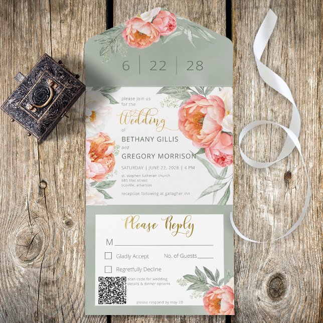 Rustic Blush Peach & White Peonies QR Code All In One Invitation (Also available without a QR code.)