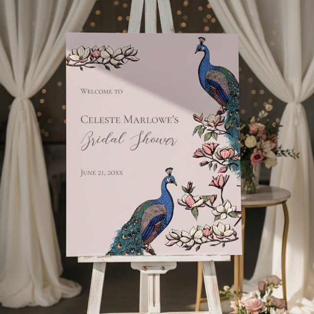Rustic Blush Peacock Garden in Bloom Welcome Sign (Elegant Pink Chinoiserie Floral Peacock Bridal Shower Welcome Signs. Blue Peacock & Teal Feathers. )
