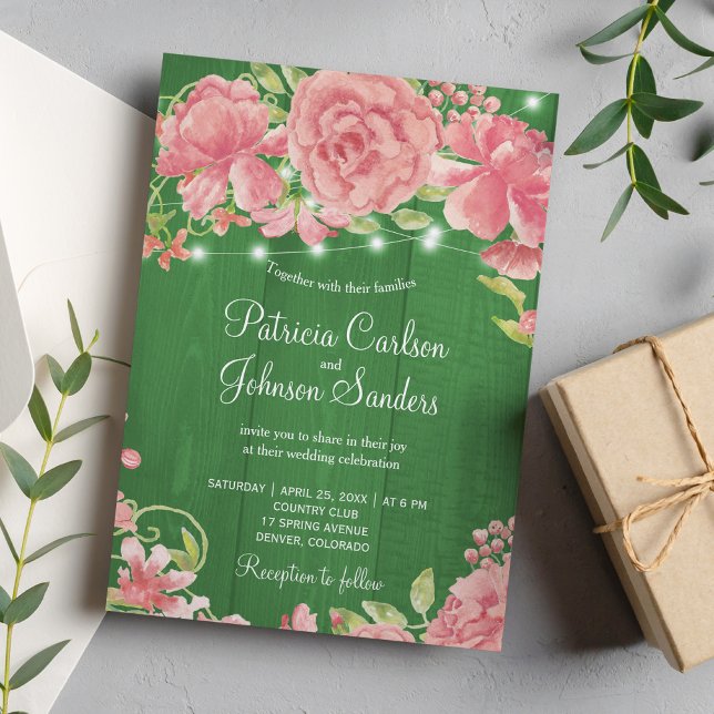 Rustic blush peonies and lights on green barn wood invitation (Creator Uploaded)