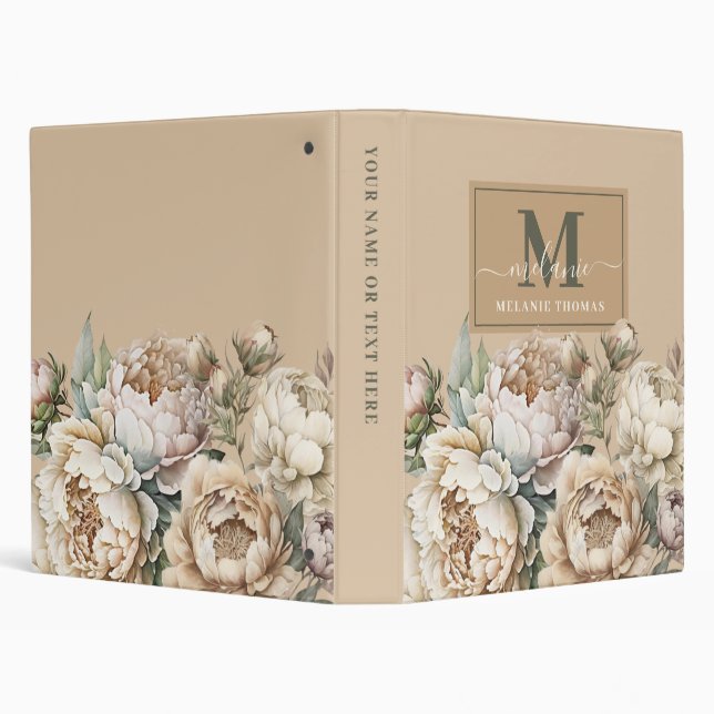 Rustic Blush Peonies Script Name Monogram 3 Ring Binder (Background)