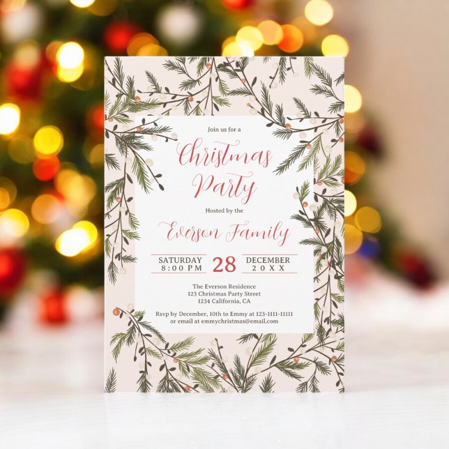 Rustic blush Pine Branches Elegant Christmas Party Invitation (Rustic blush Pine Branches Elegant Christmas Party Invitation)