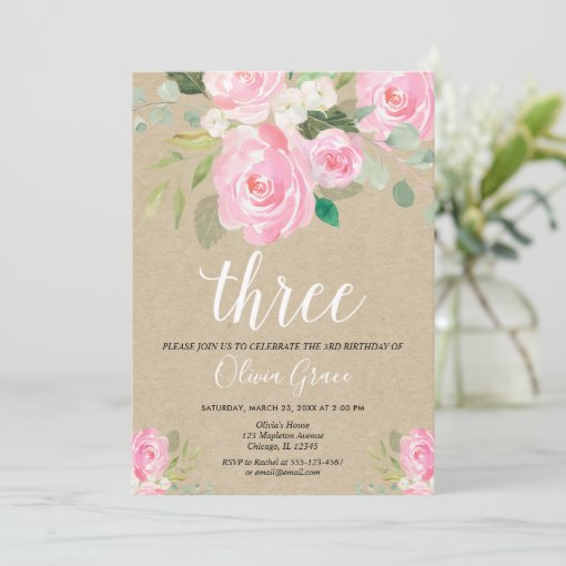 Rustic blush pink 3rd birthday floral birthday invitation | Zazzle