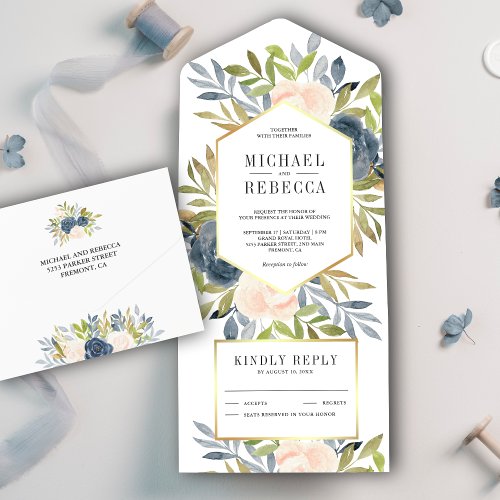Rustic Blush Pink and Dusty Blue Floral Wedding All In One Invitation