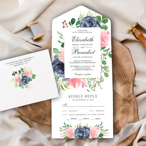 Rustic Blush Pink and Navy Blue Floral Wedding All In One Invitation