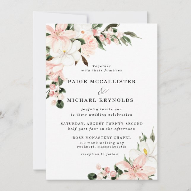 Rustic Blush Pink and White Floral Wedding Invitation (Front)