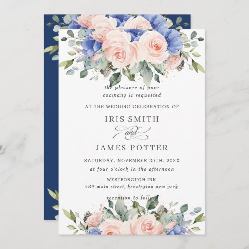 Rustic Blush Pink Blue Floral Greenery Wedding Invitation