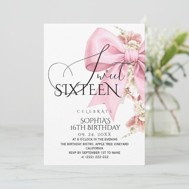 Rustic Blush Pink Bow Sweet 16 Birthday Invitation (Standing Front)