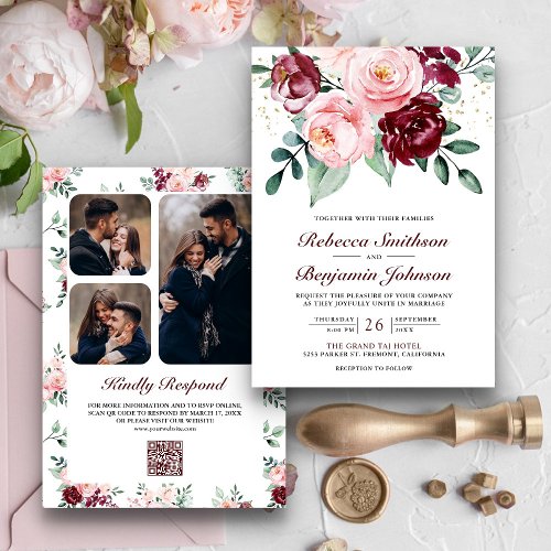 Rustic Blush Pink Burgundy Floral QR Code Wedding Invitation