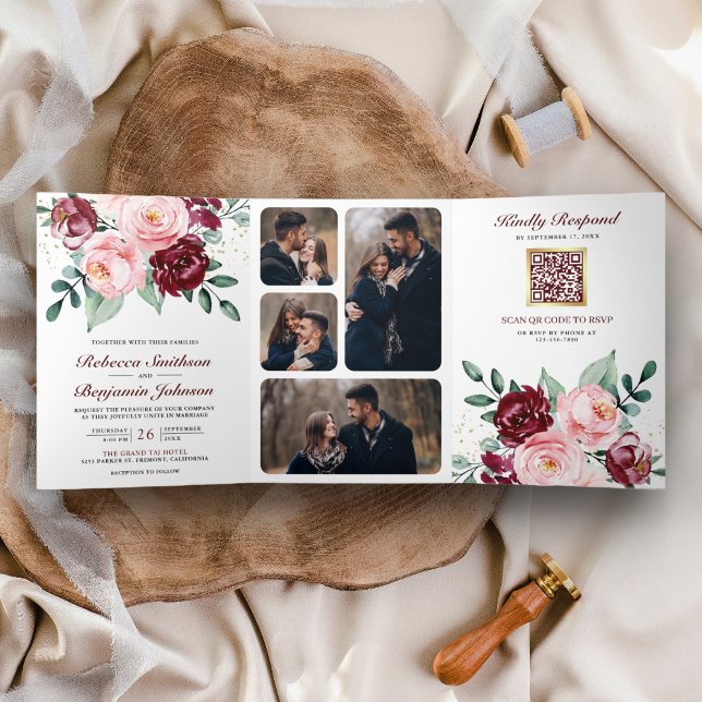 Rustic Blush Pink Burgundy Floral QR Code Wedding Tri-Fold Invitation (Creator Uploaded)