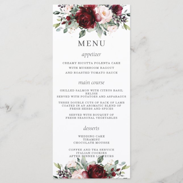 Rustic Blush Pink Burgundy Floral Wedding Menu (Front)