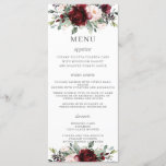 Rustic Blush Pink Burgundy Floral Wedding Menu<br><div class="desc">Designed to co-ordinate with our Rustic Blush wedding collection, this elegant wedding menu features a beautiful watercolor burgundy, blush pink peonies, roses stocks and greenery arrangement. Personalize it with your wedding details easily and quickly, simply press the customise it button to further re-arrange and format the style and placement of...</div>
