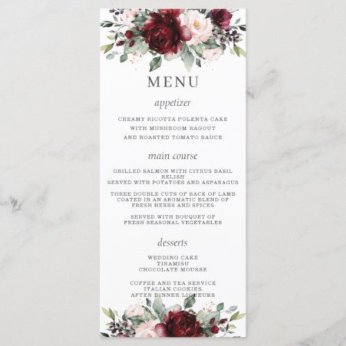 Rustic Blush Pink Burgundy Floral Wedding Menu