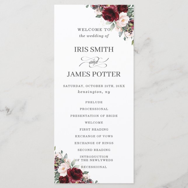 Rustic Blush Pink Burgundy Floral Wedding Program (Front)