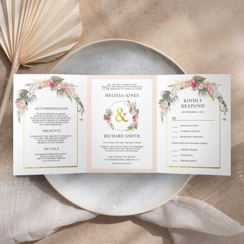 Rustic Blush Pink Floral Boho Pampas Arch Wedding Tri_Fold Invitation