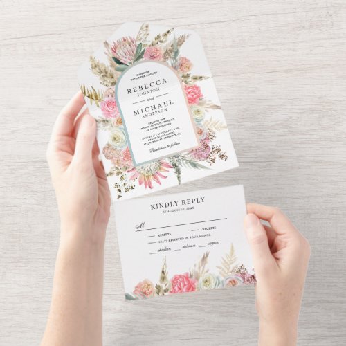 Rustic Blush Pink Floral Boho Pampas Grass Wedding All In One Invitation