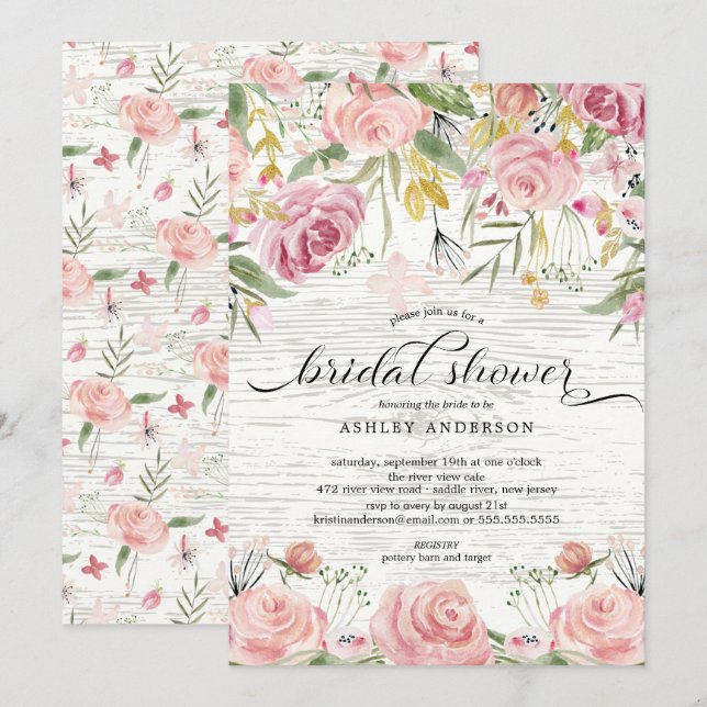 Rustic Blush Pink Floral Bridal Shower Invitation (Front/Back)