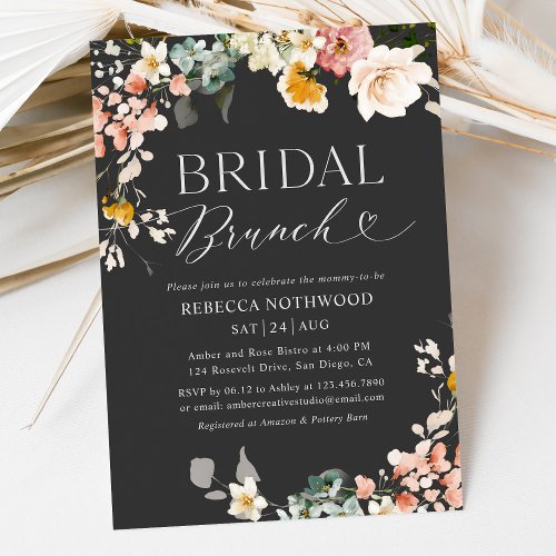 Rustic Blush Pink Floral Dark Bridal Brunch Invitation